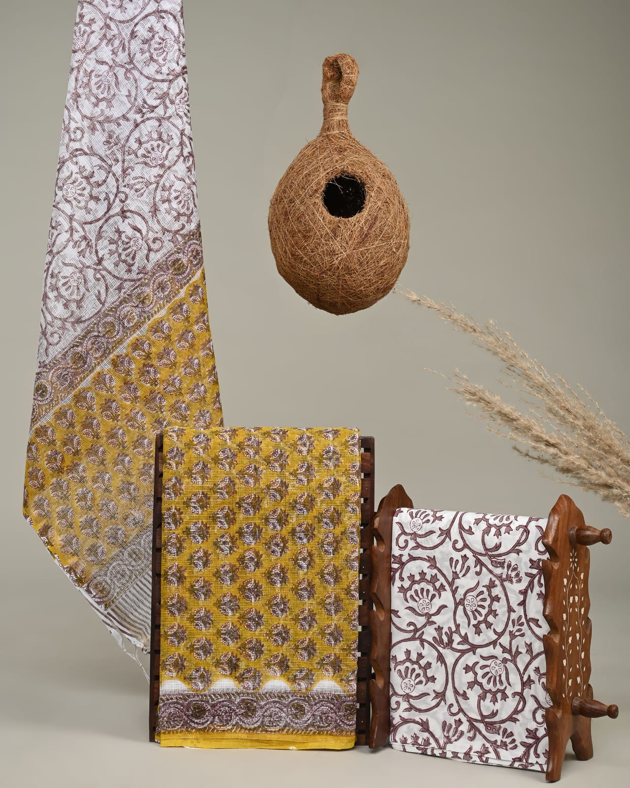 Kota Doria Yellow Booti Dress Material – Artisan handblock printed fabric for boutiques, designers & wholesale buyers